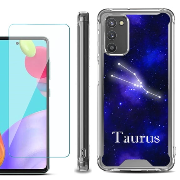 Shockproof Bumper Phone Case for Samsung Galaxy A03s, with Tempered Glass Screen Protector, by OneToughShield ® - Zodiac / Taurus