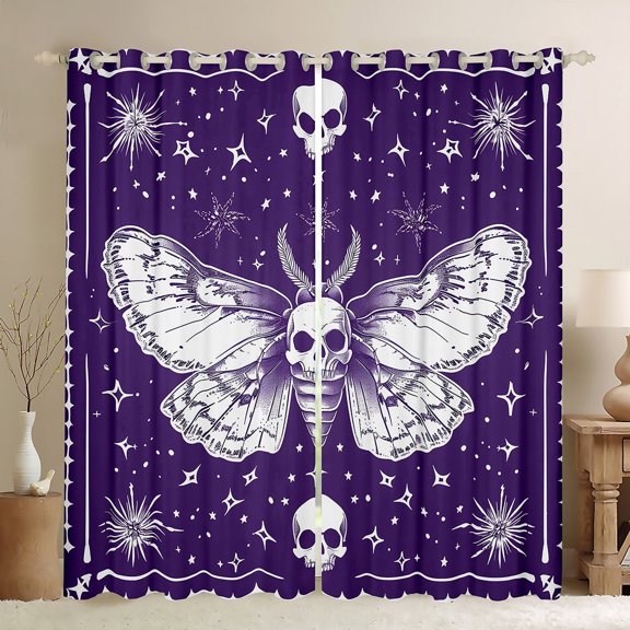 Manfei Spooky Skull Moth Black Out Curtains,bohemian Exotic Style Curtains Pack of 2 (42x63 Each),Purple White Bedroom Curtains For Men Women,Luxury Bedroom Decor