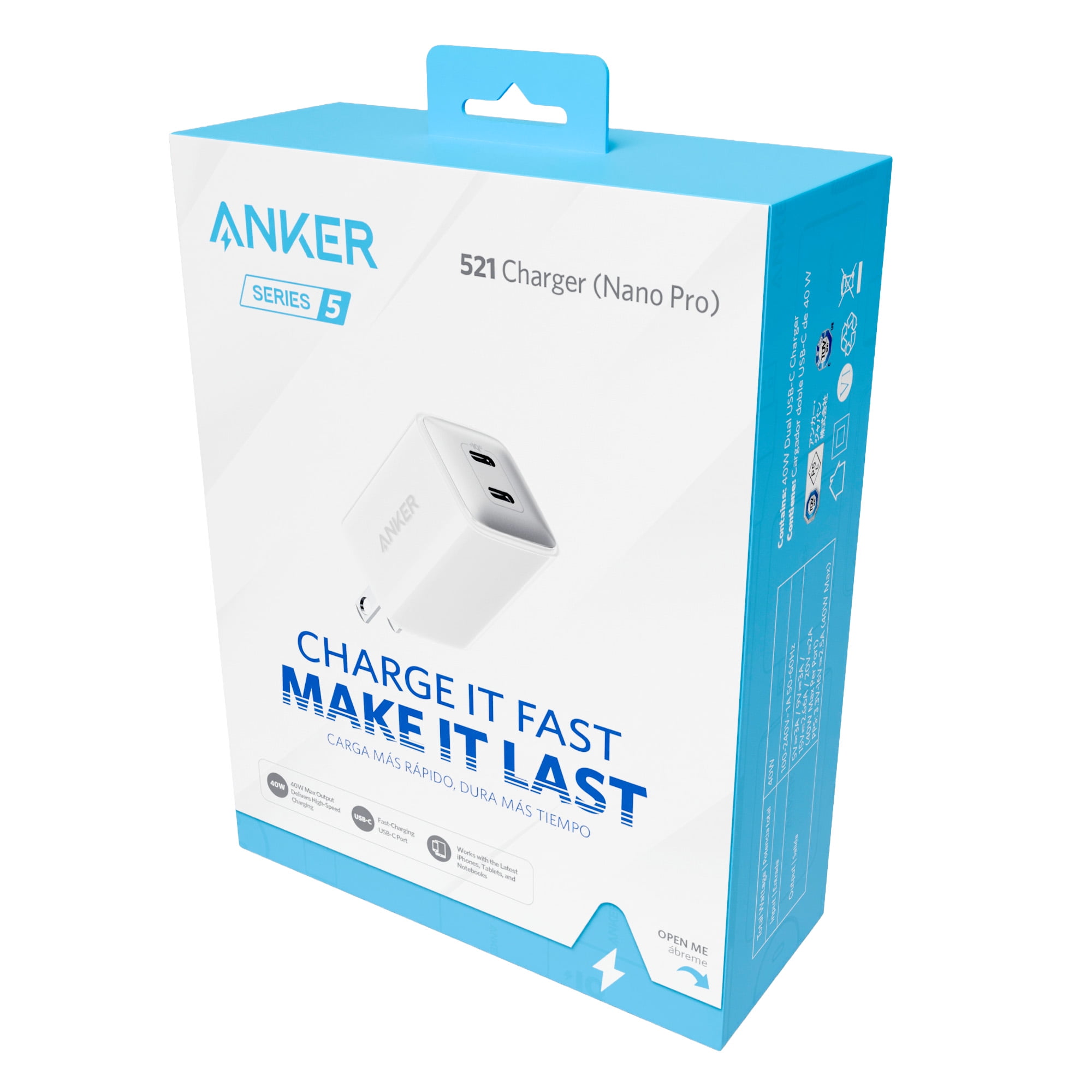 Anker Nano 40W GaN 2-Port Wall Charger (2 USB-C), Compact Fast Charger, White