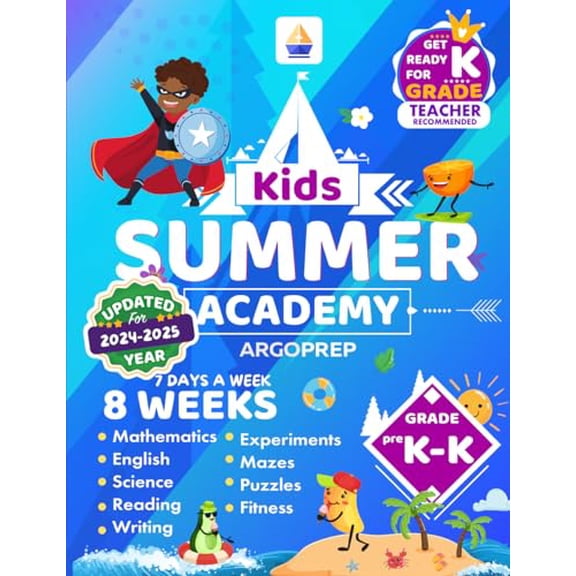 Pre-Owned Kids Summer Academy by ArgoPrep - PreK to K: 8 Weeks of Math, Reading, Science, Writing, Logic, Fitness and Yoga | Online Access Included | Prevent Summer Learning Loss, 9781951048785, 1951
