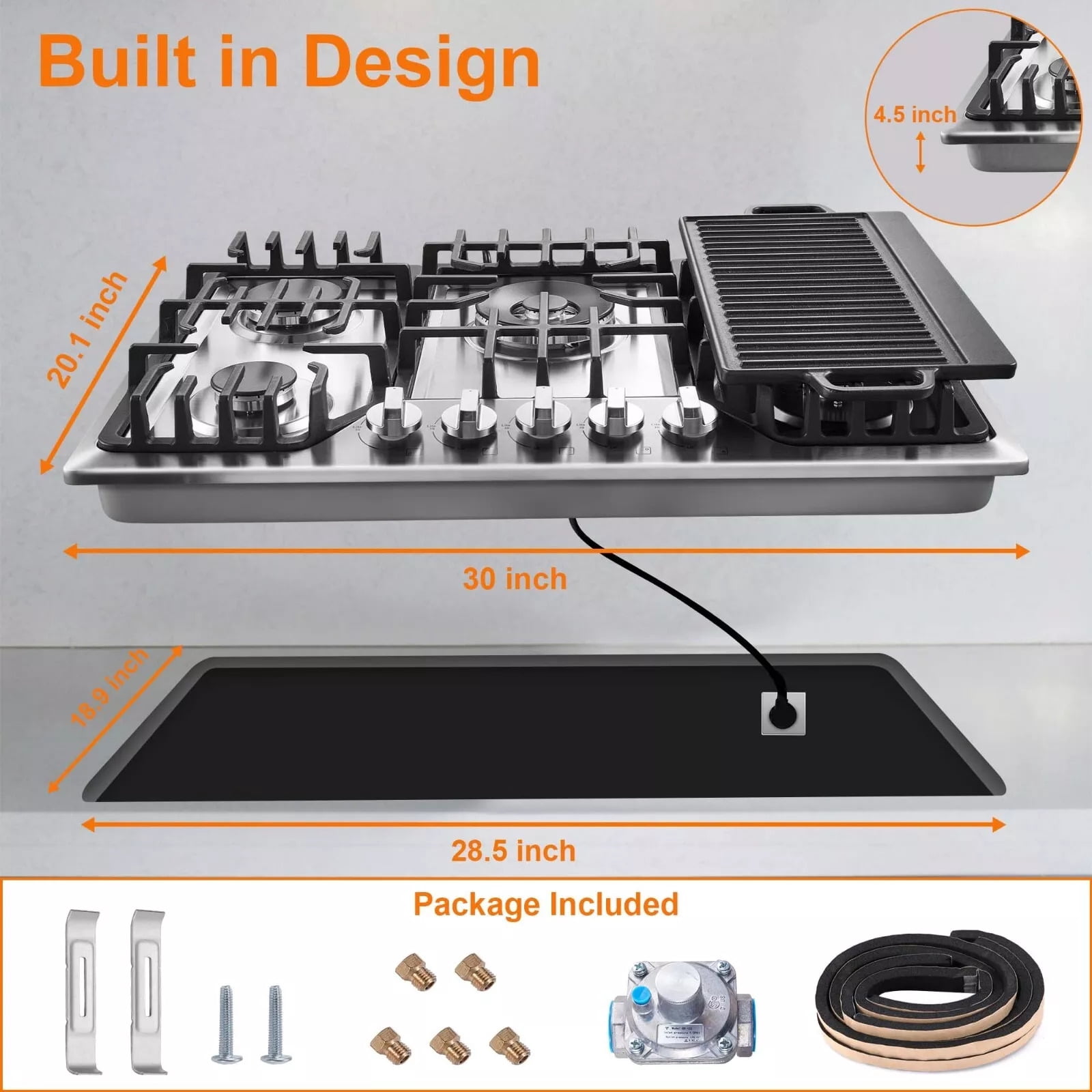 AMZGACHFKTCH 5 Burners Gas Cooktop Stainless Steel Reversible Grill