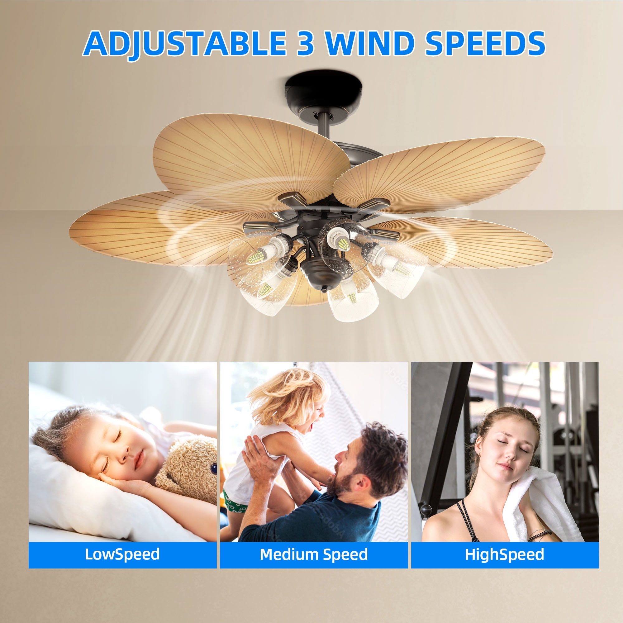 Dextrus 52in Tropical Ceiling Fan with Light, Remote, 3 Speed, 4