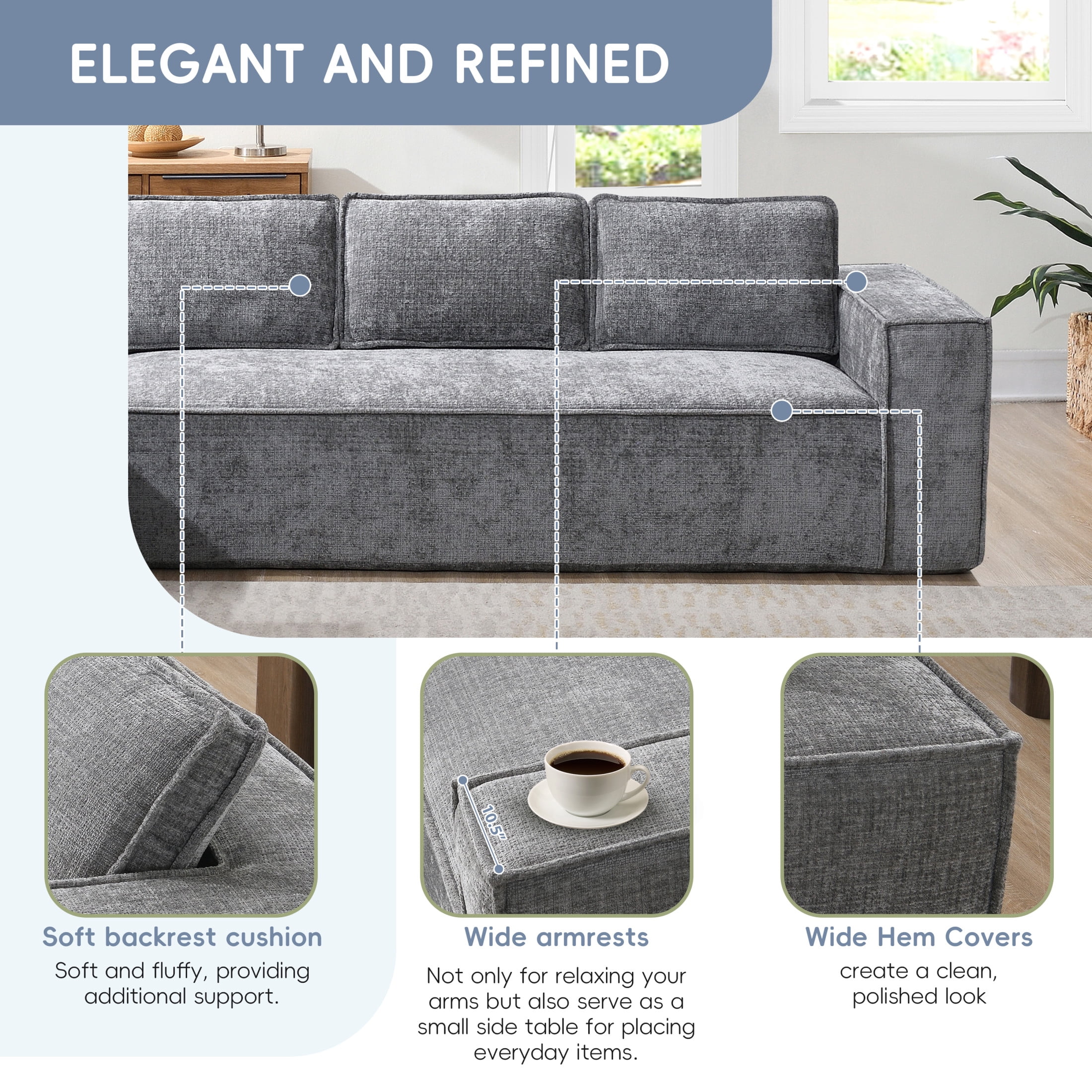 Noble House 129.5" Modular L-Shaped Sectional Sofa, Modern Chenille Cloud Couch Set for Living Room, Gray