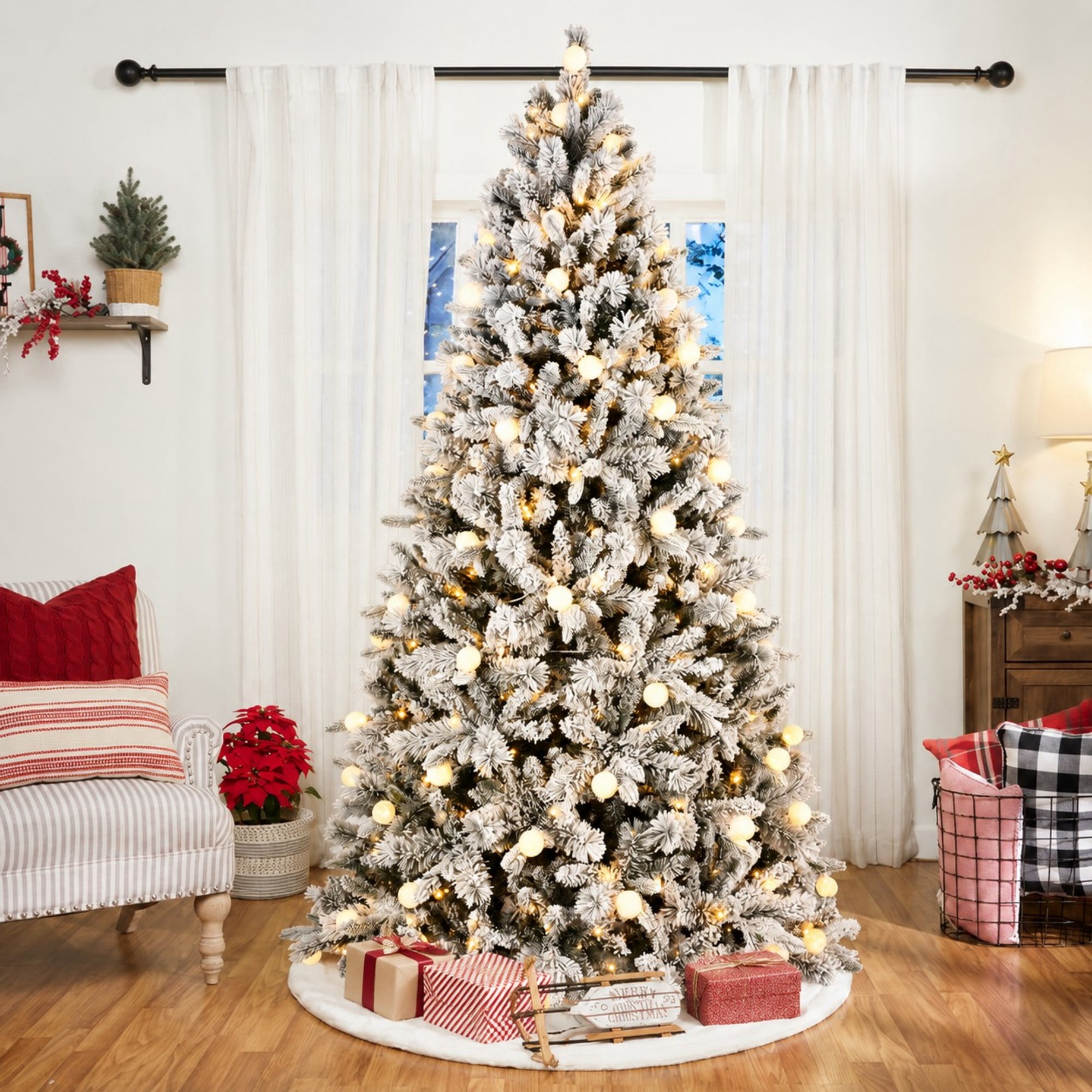 DEALTOPS 7.5 FT Pre-Lit Flocked Artificial Christmas Tree with 400 G45 LED Lights, 10 Modes & 1523 Tips