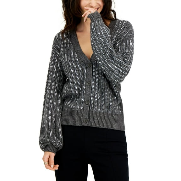 INC International Concepts Womens Rhinestone Cardigan Medium Heather Grey M