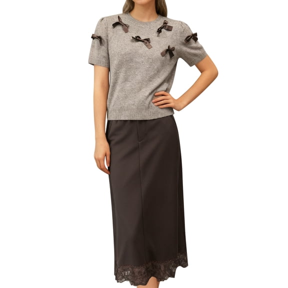 DHFJKG Long Skirt Sets For Women Summer 2 Piece Outfits Knitted Short Sleeve Bow T Shirts Lace Trim A-Line Skirts Casual Matching Set Versatile Outfit