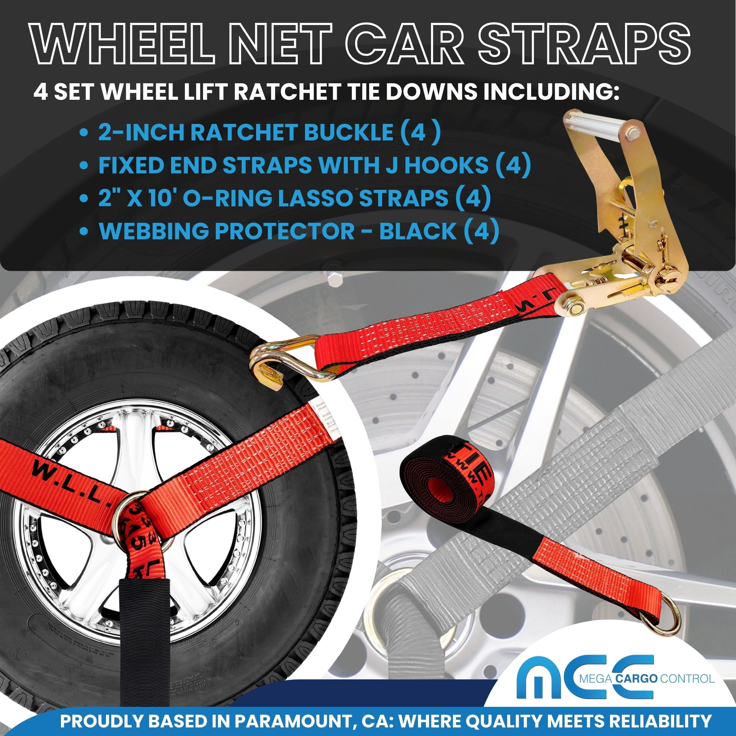 Mega Cargo Control 4 Pack 2" x 120" Car Hauler O-Ring Tie Downs with Wire J Hook Ratchet Straps, Red