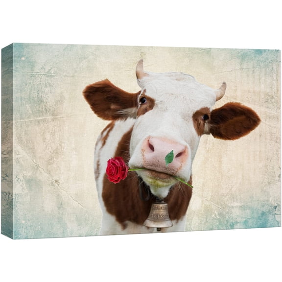 wall26 Canvas Print Wall Art Brown & White Cow Portrait with Rose in Mouth Animals Wildlife Digital Art Realism Rustic Scenic Nature Photography Colorful for Living Room, Bedroom, Office - 16&quo