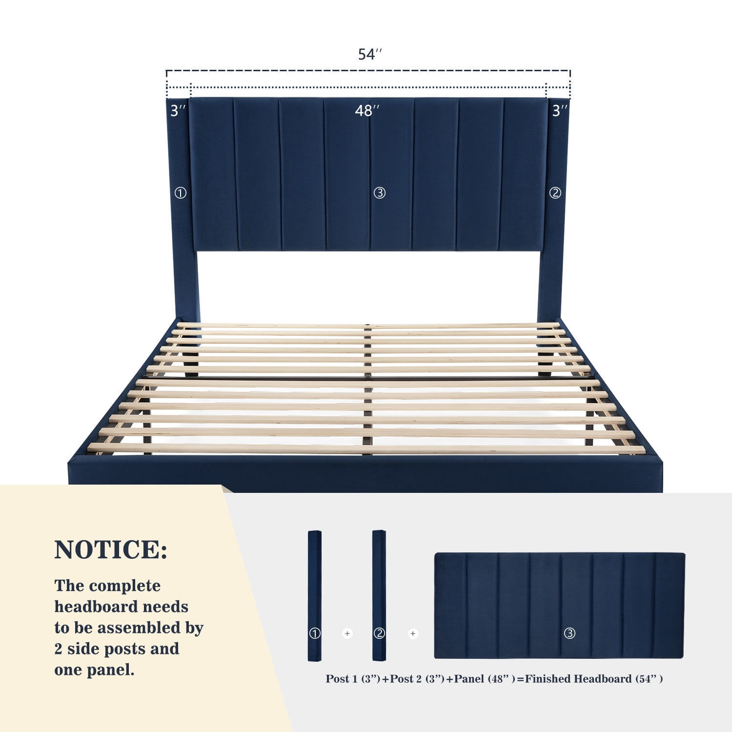 Allewie Queen Velvet Upholstered Bed Frame with Vertical Channel Tufted Headboard, Navy Blue