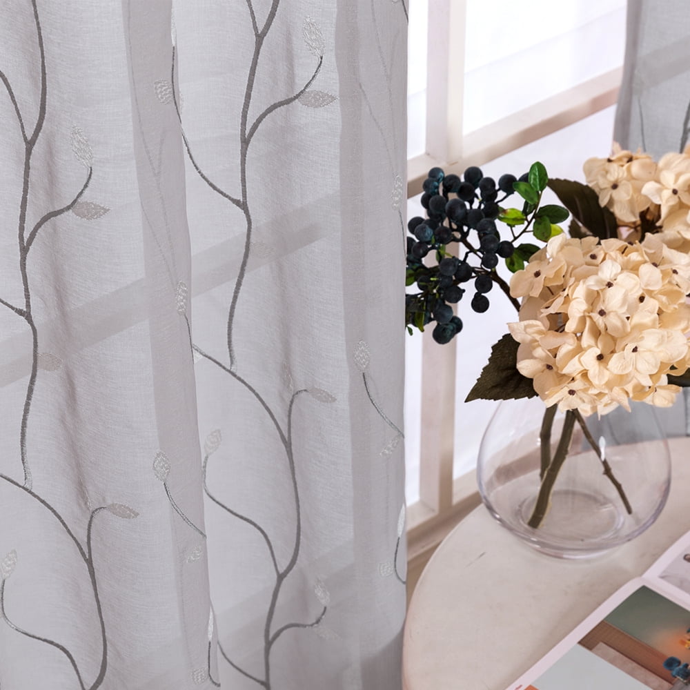 Curtainking Sheer Curtains Floral Embroidery Drapes 84 inch Voile Light Filtering Window Curtain Set for Living Room Bedroom Grommet 2 Panels Grey