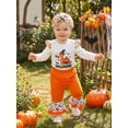 thumbnail image 4 of Loicainy Infant Baby Girl Halloween Outfit 3 6 9 12 18 Months Letter Pumpkin Print Crew Neck Long Sleeve Rompers Bell-Bottoms Pants Headband 3Pcs Clothes Set, 4 of 9