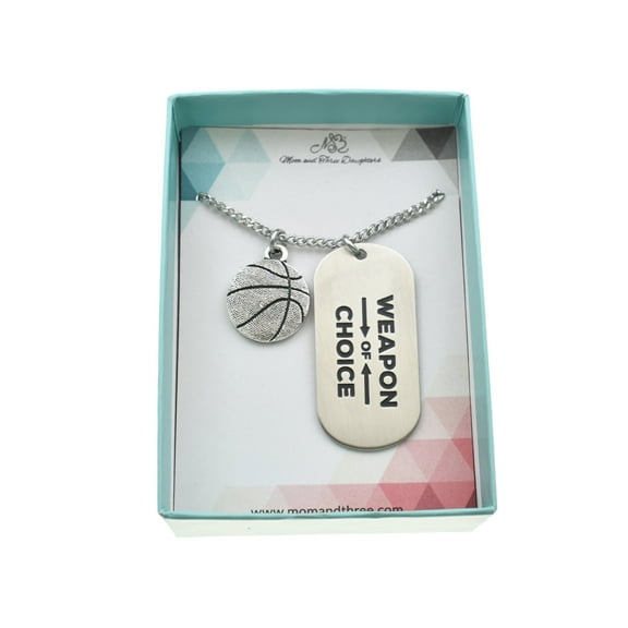 Basketball necklace and Weapon of Choice stainless steel word tag on 20 inch stainless steel curb chain. Young Man necklace. Basketball gift