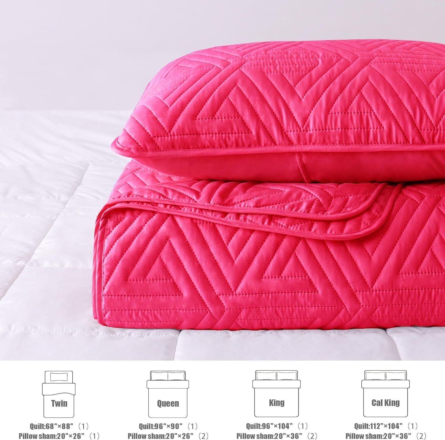 Whale Flotilla 3-Piece Queen Size Quilt Set for All Season, Classic Geometric Pattern Bedding Set with 2 Pillow Shams, Soft and Lightweight, Hot Pink