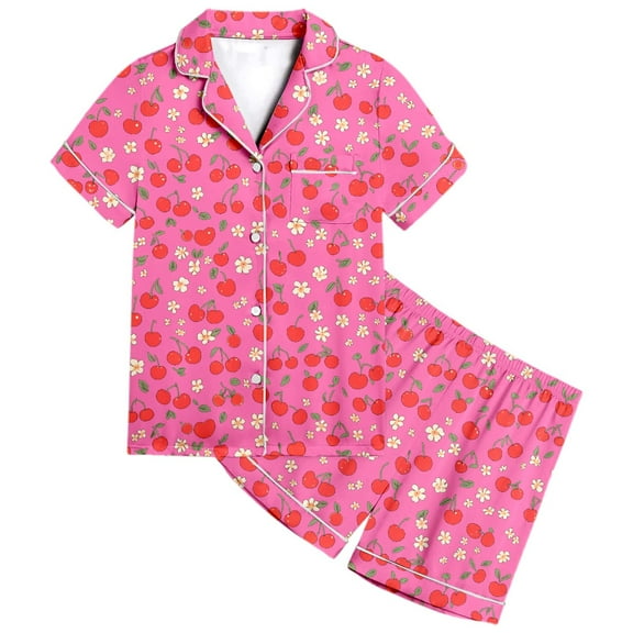 Wdgfv Girls Pajama Set 2 Piece Short Sleeve Top and Shorts Fruit Print Loungewear Comfortable Sleepwear for Kids Toddler Age 2-13 Casual Home Outfit Hot Pink 8-9 Years