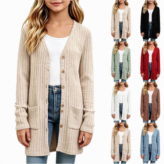 ITSAME Girls Button Down Cardigan Sweater Ribbed Knit Long Sleeve with Pockets Fall Winter Warm Casual Sweater Size 11