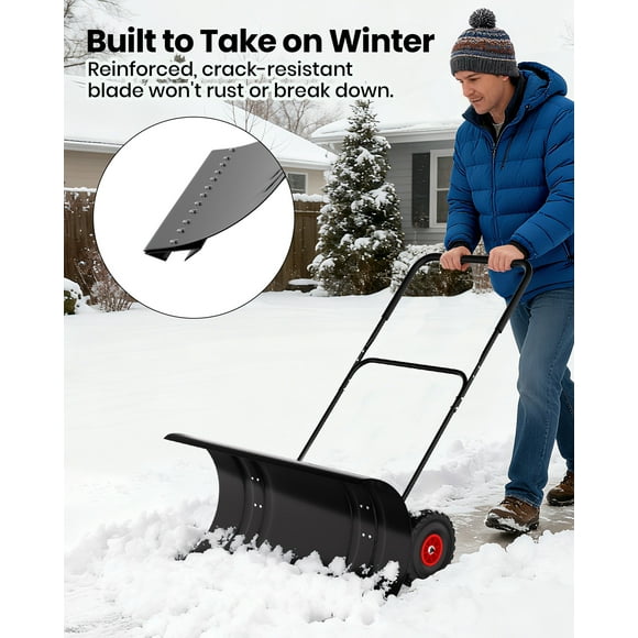 Déneigement Efficace – Pelle à Neige en Acier Robuste de 36 Pouces avec Roues Tout-Terrain, Lame Multi-Angle Ajustable et Poignée Ergonomique à 5 Hauteurs – pour Entrées, Trottoirs, Cours – Poignée Noire