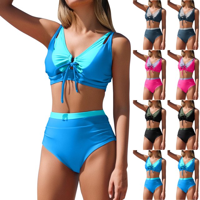 VBTAPA Womens High Waisted Bikini Set Tie Knot High Rise Two Piece Swimsuits Color Block 2 Piece Bathing Suits on Sale Sky Blue S
