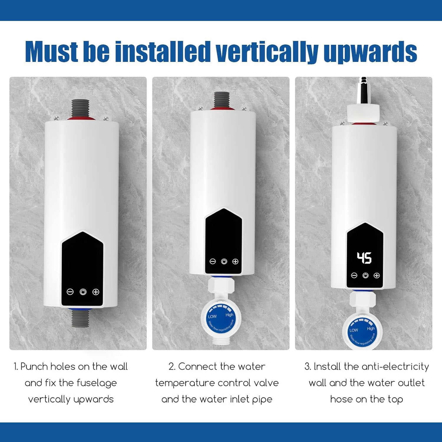 Hinzonek Electric Tankless Water Heater Shower Head Set, 3500W Instant Hot Water Heater LCD Display for Home Bathroom Kitchen ,White