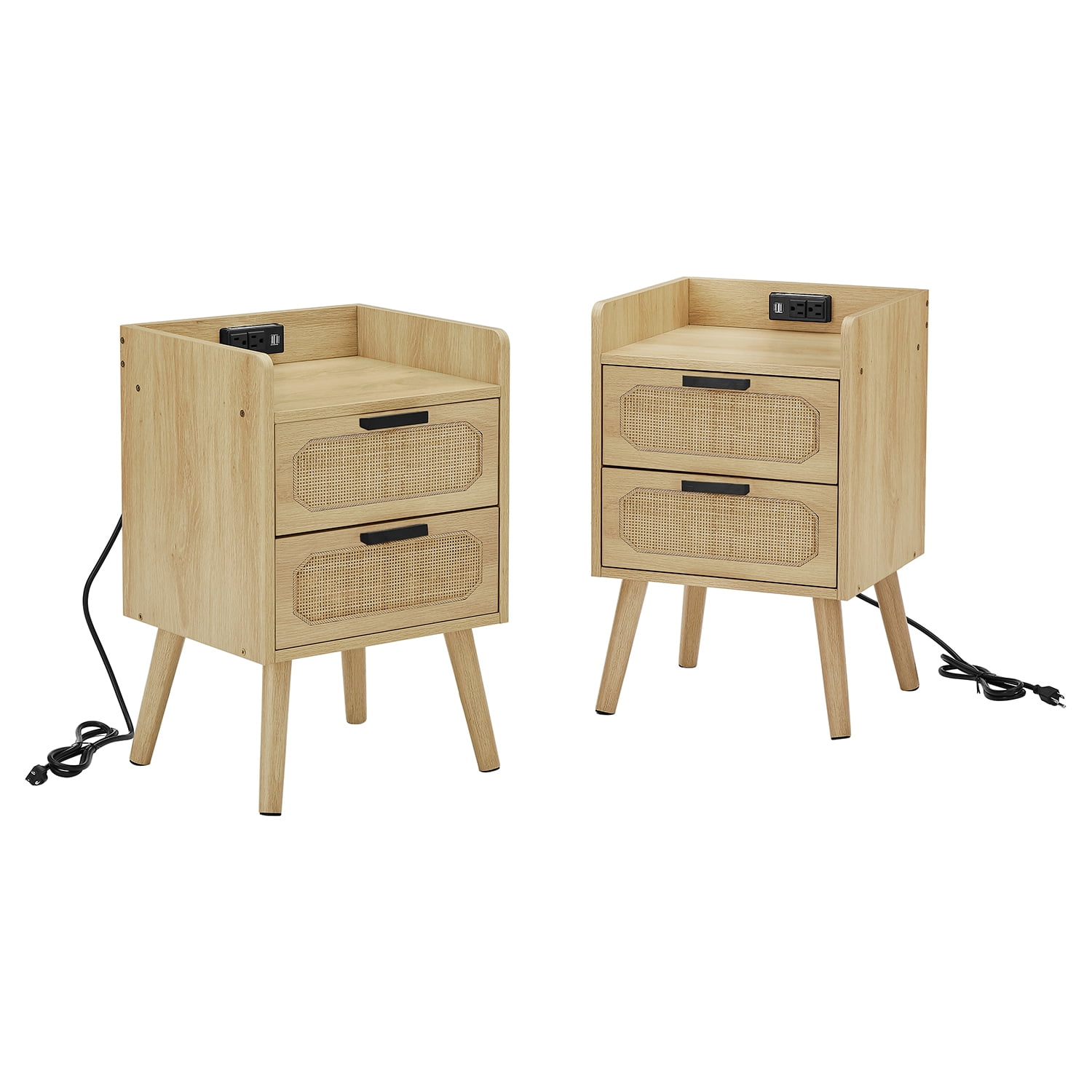 Kadyn Rattan Nightstand, Nightstand Side Table with Socket and 2 Drawers, Bedside Table for Bedroom, Golden Kadyn Rattan Nightstand, Nightstand Side Table with Socket and 2 Drawers, Bedside Table for Bedroom, Golden
