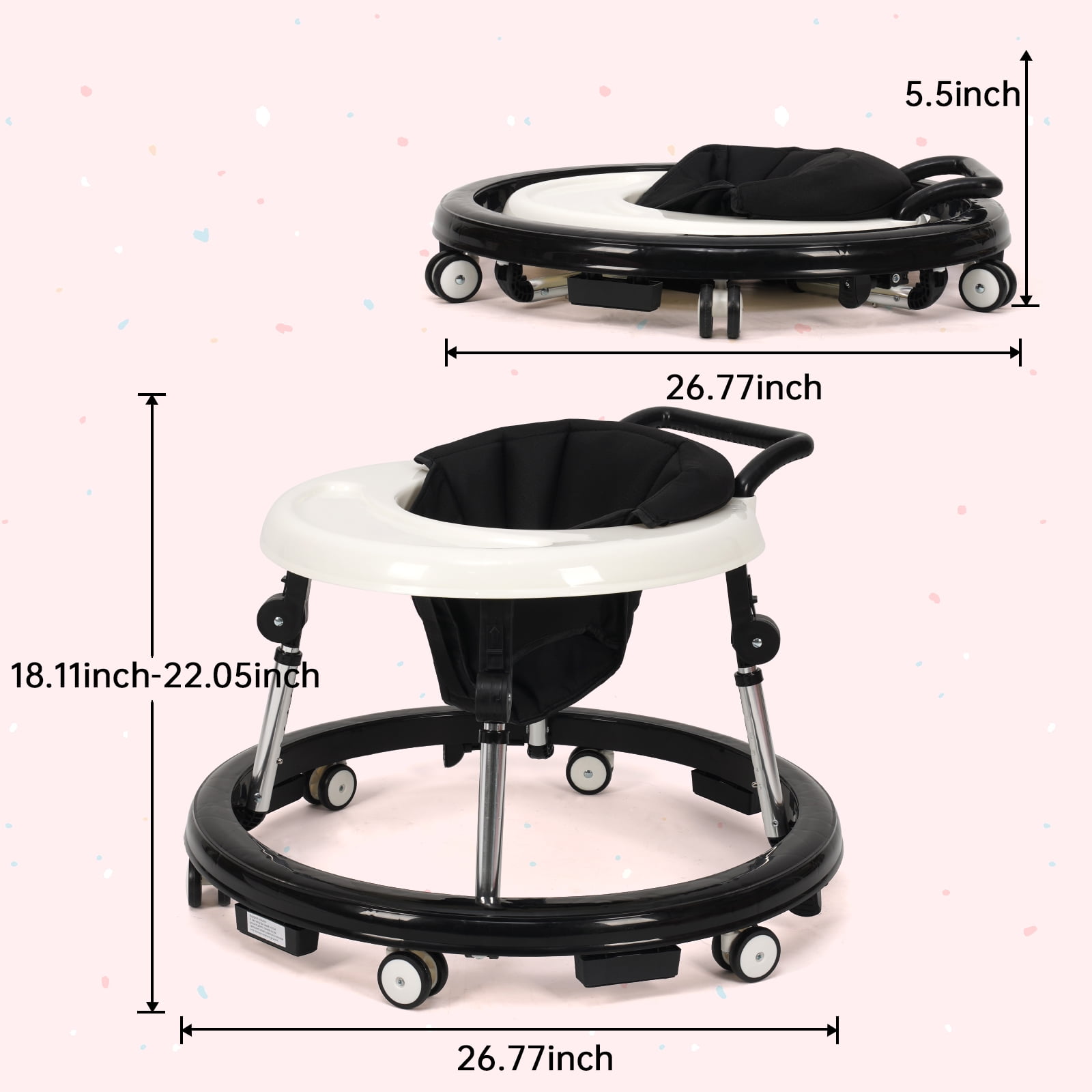 Baby Walker for 6-18 Months - One-Touch Foldable Design, 9 Adjustable Heights, Non-Slip Wheels with Removable Activity Tray, Black