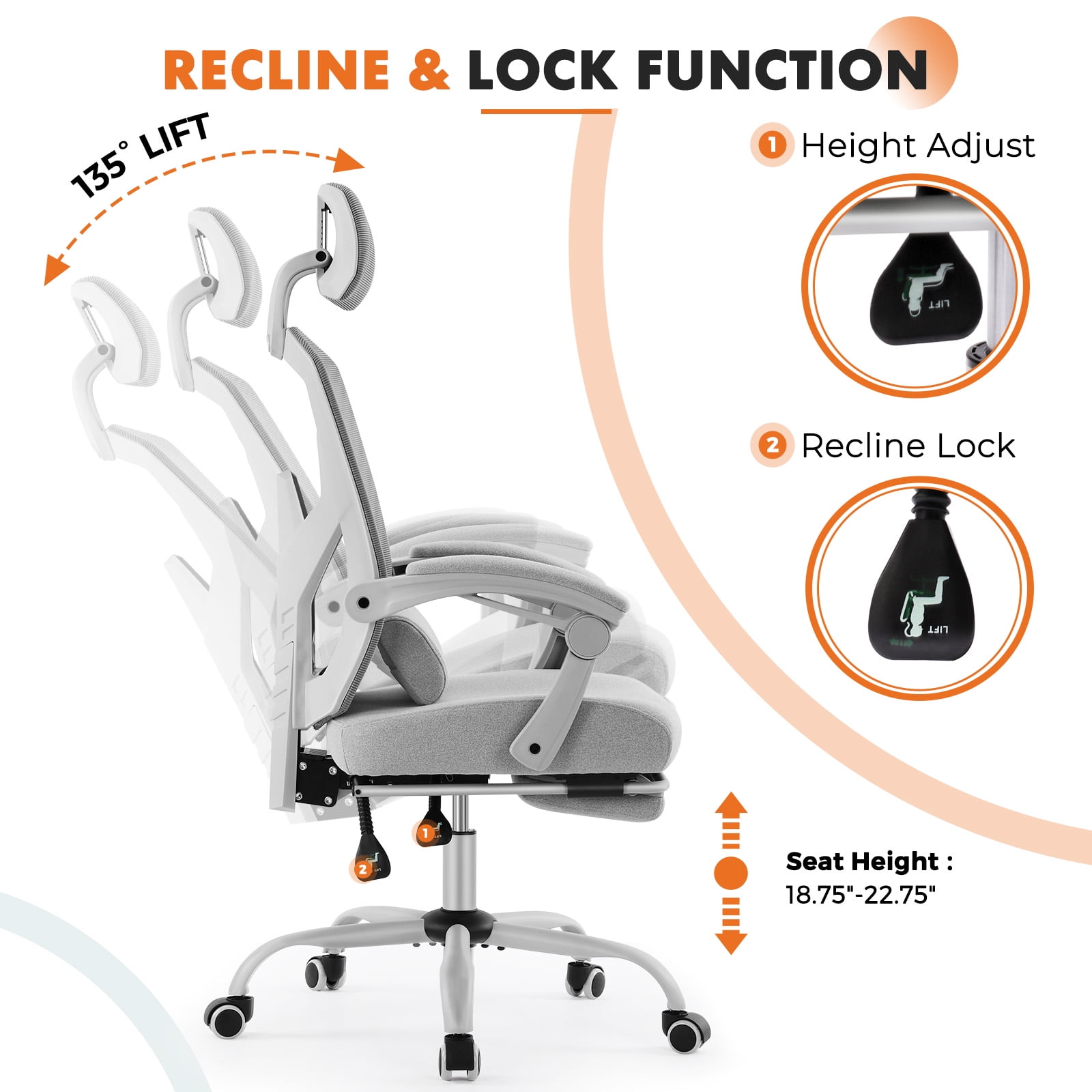 CONCETTA Ergonomic Mesh Office Chair, High Back Swivel Chairs with Adjustable Lumbar Support, Headrest, Footrest, and Armrests, Grey