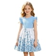 thumbnail image 2 of OOOUM Girls Crewneck Ruffle Sleeve Dress Color Block Butterfly Print Flared A-Line Dress Lightweight Summer Casual Sundress Light Blue 9-10 Years, 2 of 9