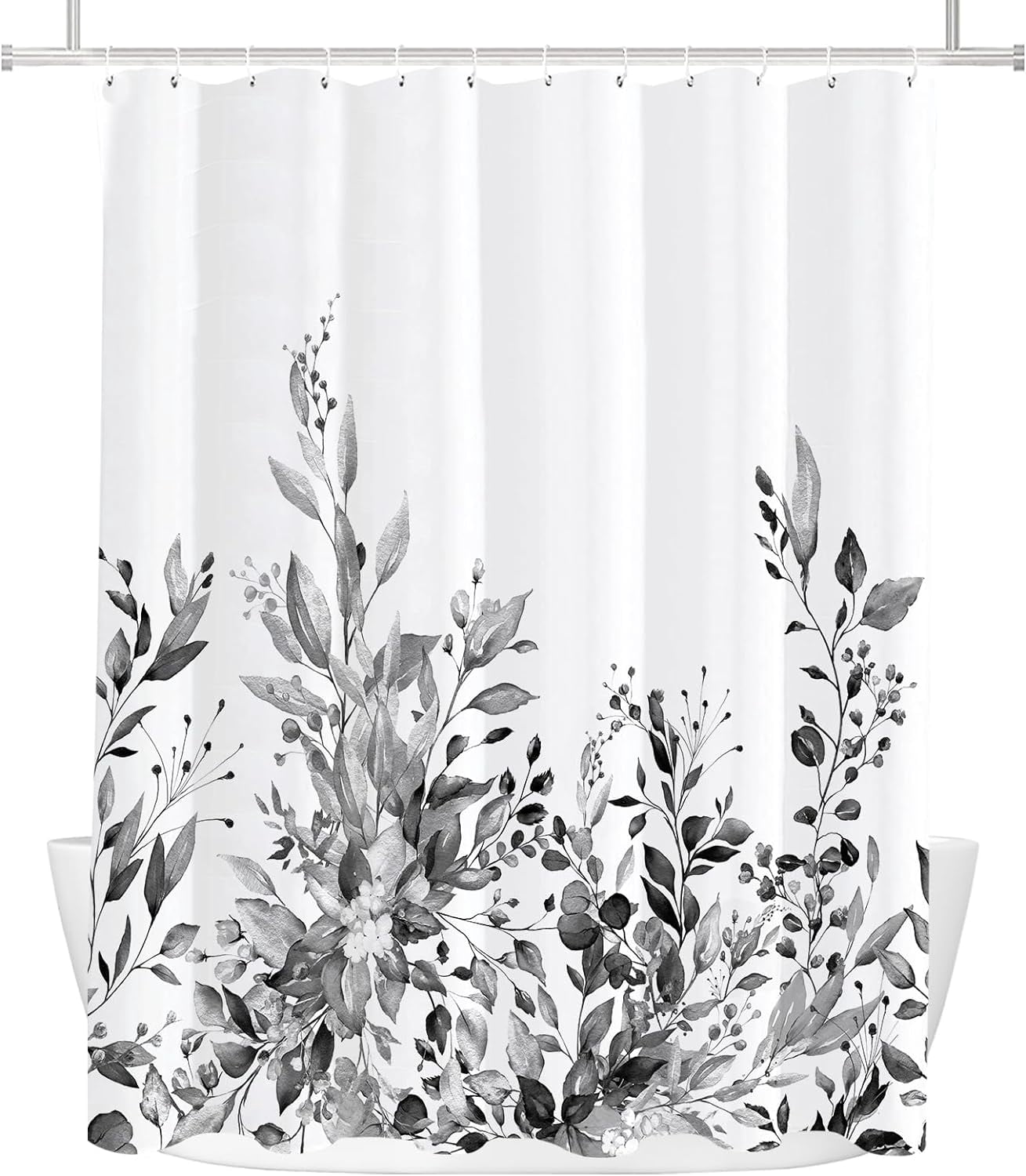 Black Eucalyptus Shower Curtain, Watercolor Grey Leaves Plant with Floral Bathroom Decoration Shower Curtain Sets 71x71 Inch with Hooks
