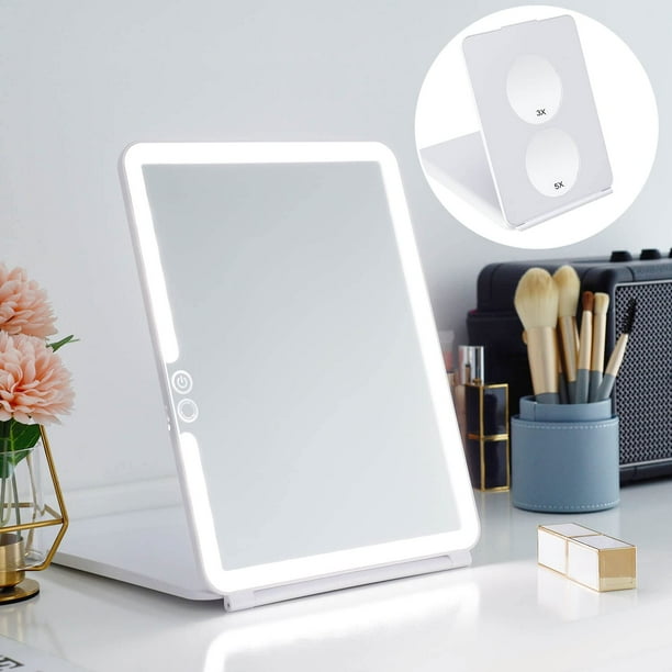 LED Foldable Travel Makeup Mirror 7x9 inches 3 colors Light 3X