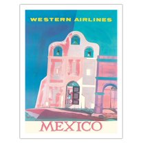 Mexico - Western Airlines - Spanish Mission Three-Bell Campanario (Bell Wall) - Vintage Airline Travel Poster by Will Grant c.1959 - Fine Art Matte Paper Print (Unframed) 20x26in