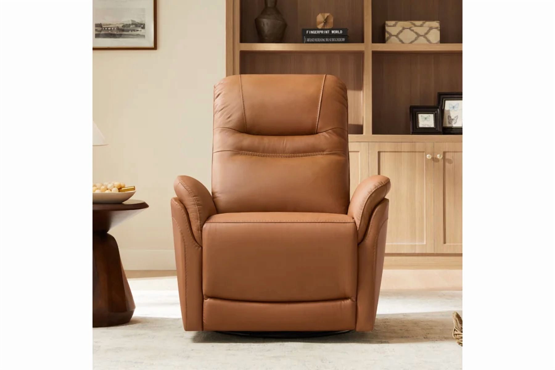 Spruce & Spring Premium Genuine Leather Swivel Gliding Power Recliner 1 Piece Indoor Use Brown Fabric