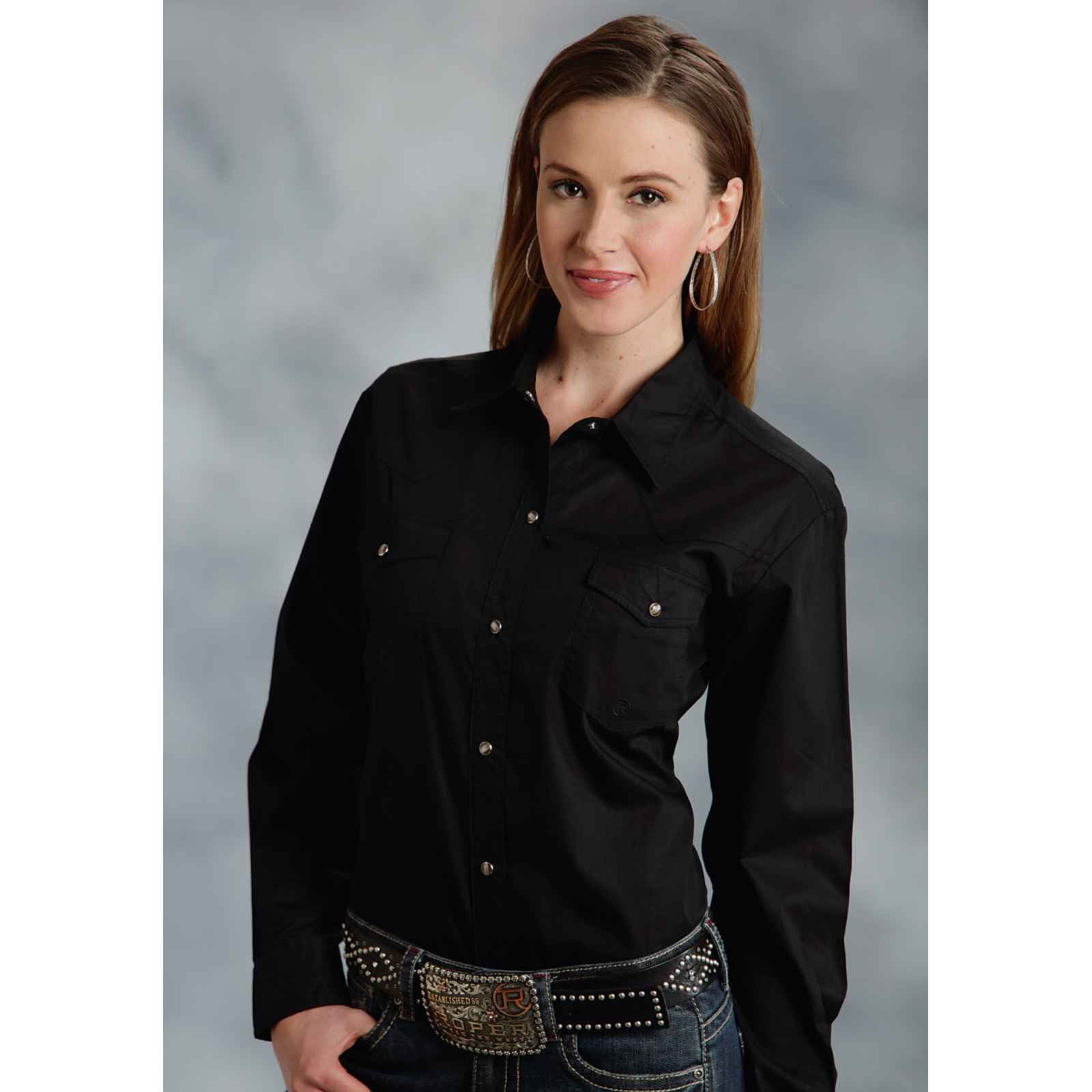 Roper Western Shirt Womens Black Floral Print L/S 2X-Poly Sheer