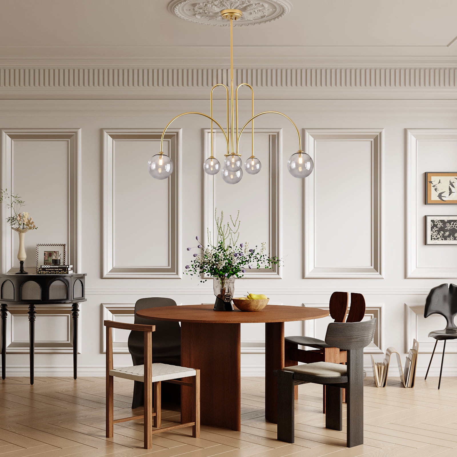 Modern Gold Chandelier, 6 Lights Sputnik Chandeliers Large L40”Mid Century Ceiling Pendant Light Fixtures with Smoke Glass Globe Shades for Living Dining Room Foyer Bedroom