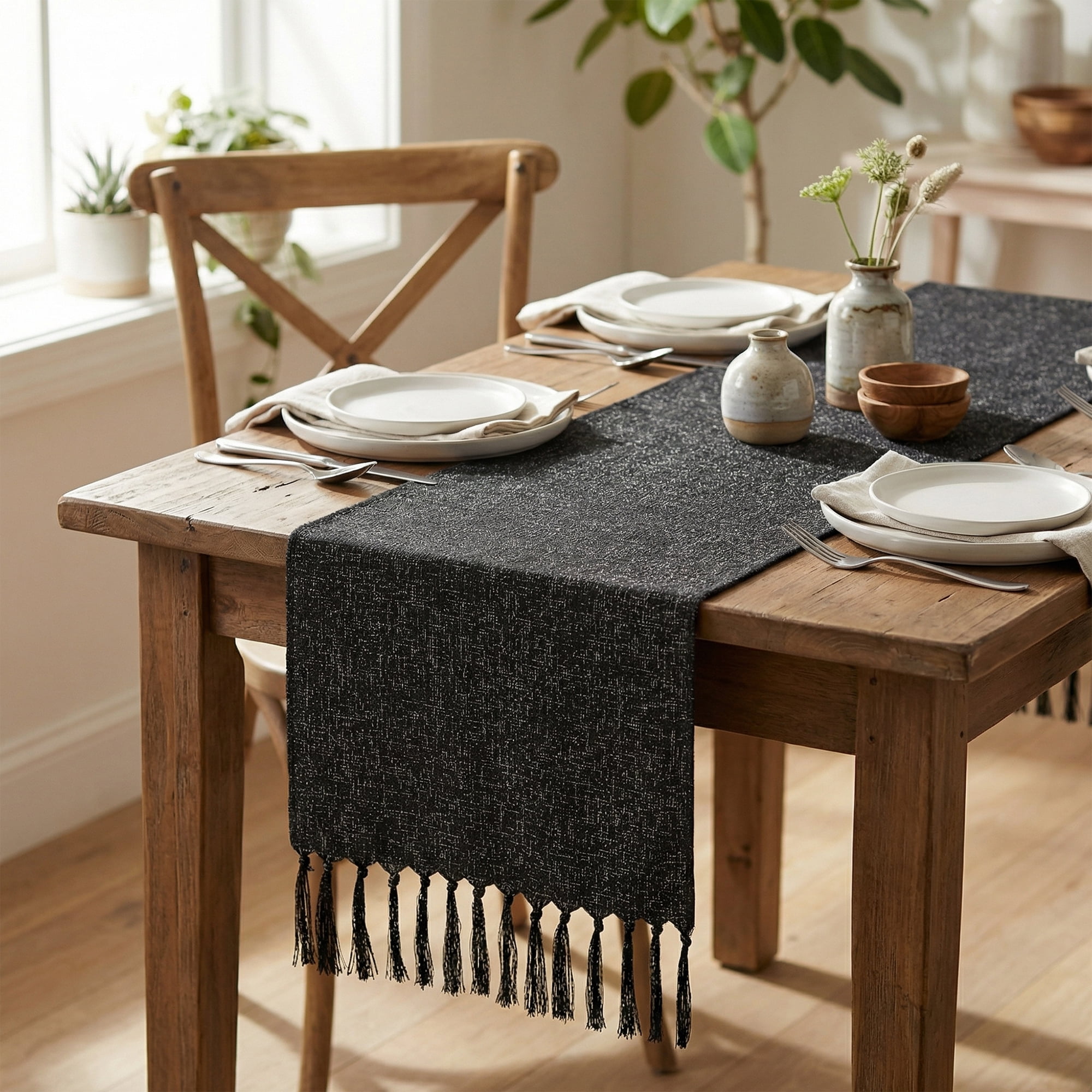 Unique Bargains Birthday Decorations Table Runner with Tassels Black 13x63in