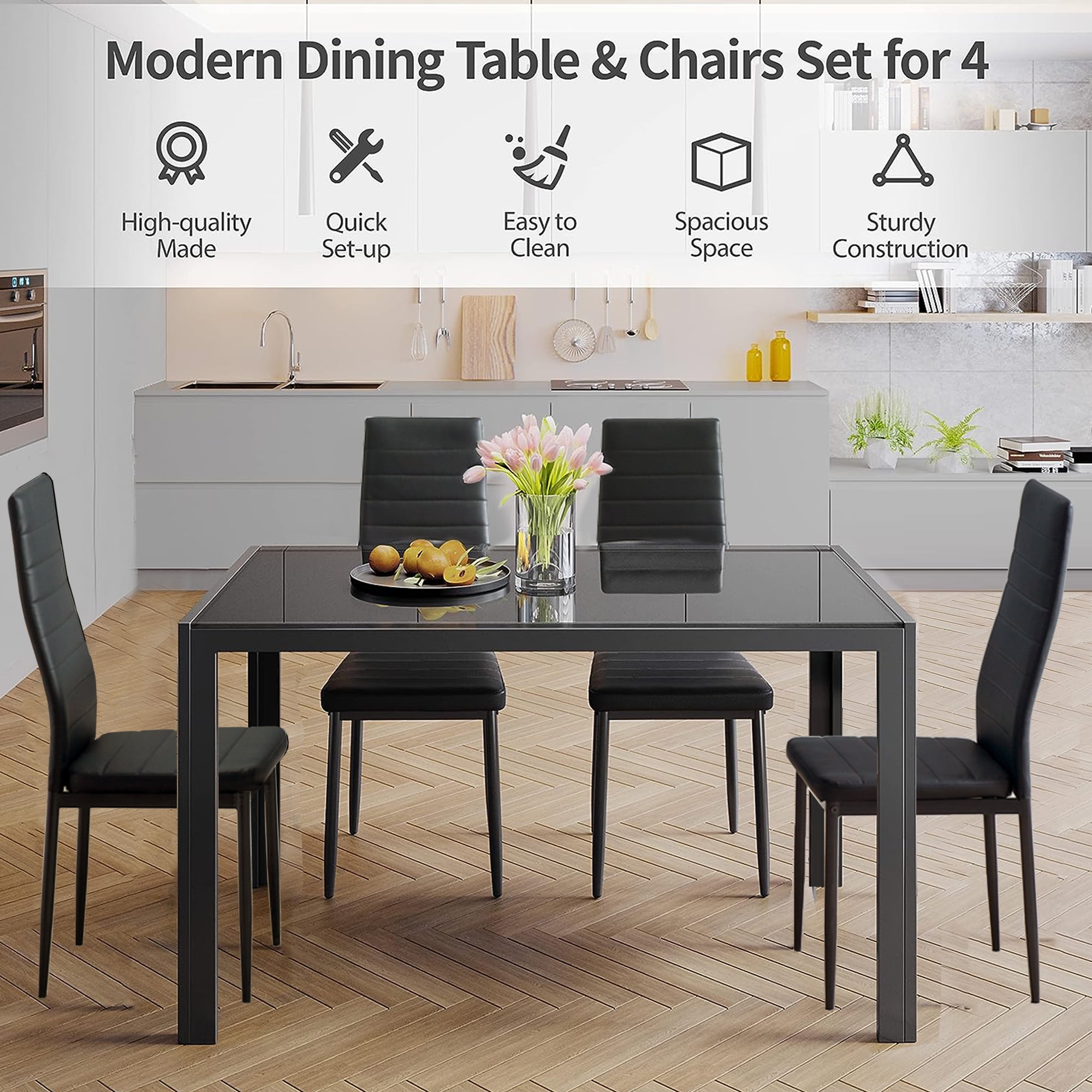 SESSLIFE Dining Chairs Set of 4, PU Leather Kitchen Chairs with Padded High Back for Kitchen Living Room Restaurant,Black(Only 4 Chairs)