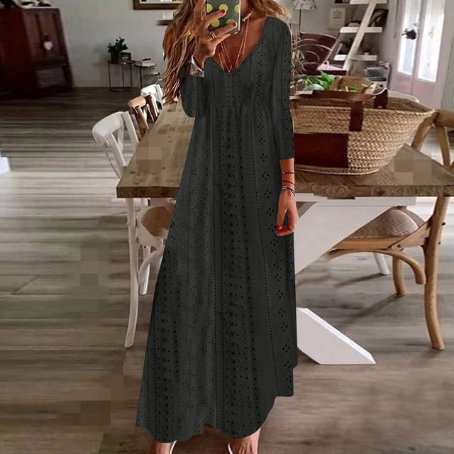 Offres de Liquidation d'Automne! Robes de Bal pour Femmes, Robe Longue Décontractée Style Vacances pour Femmes, Couleur Unie, Manches 3/4, Col en V, Camisole, Noir, TG