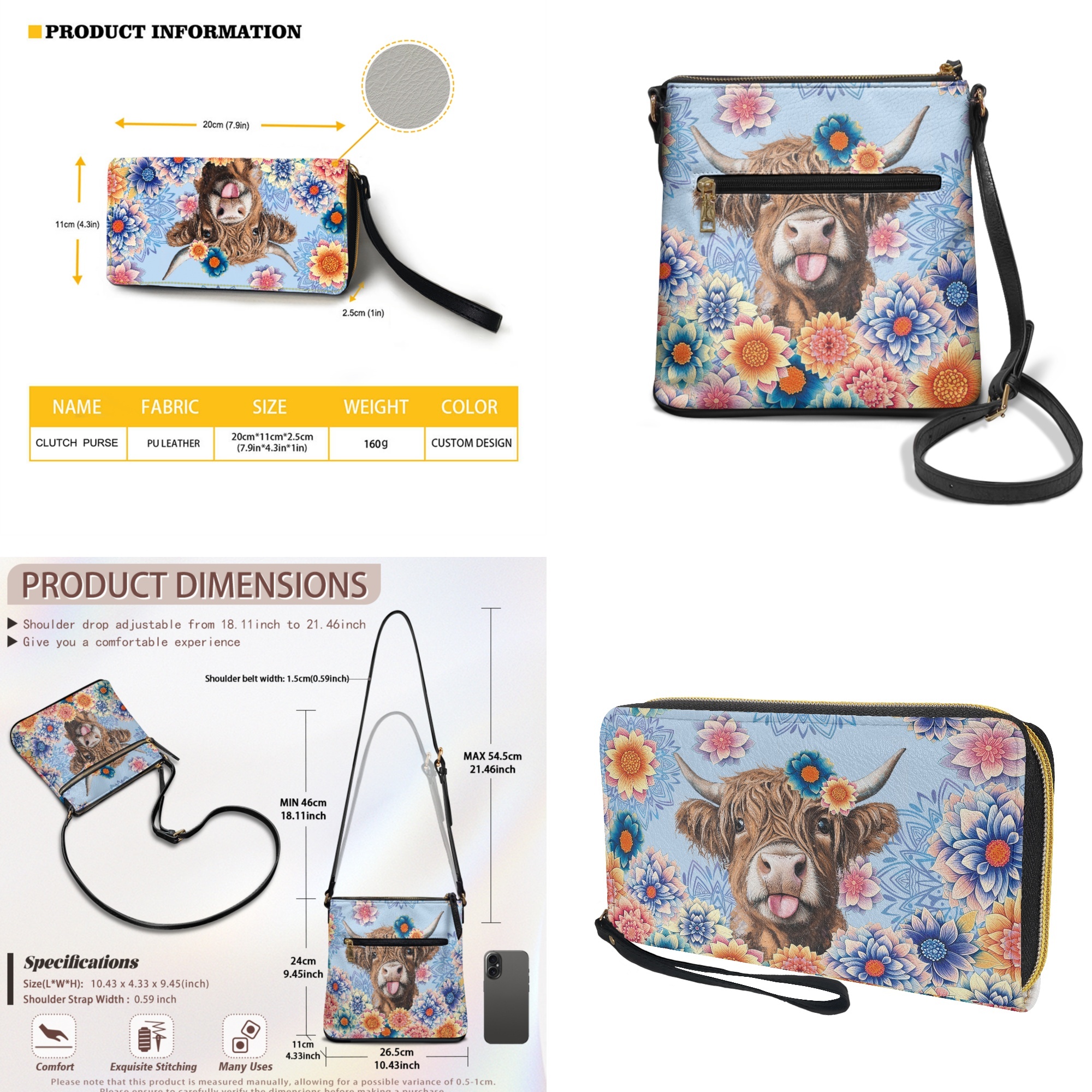 ZUXONGSY Highland Cow Mandala Print Hobo Crossbody Bag Set for Women Lady, Leather Satchel Purse Multi Pocket Crossbody Shoulder Handbag Medium Size Messenger Bag with Adjustable Strap
