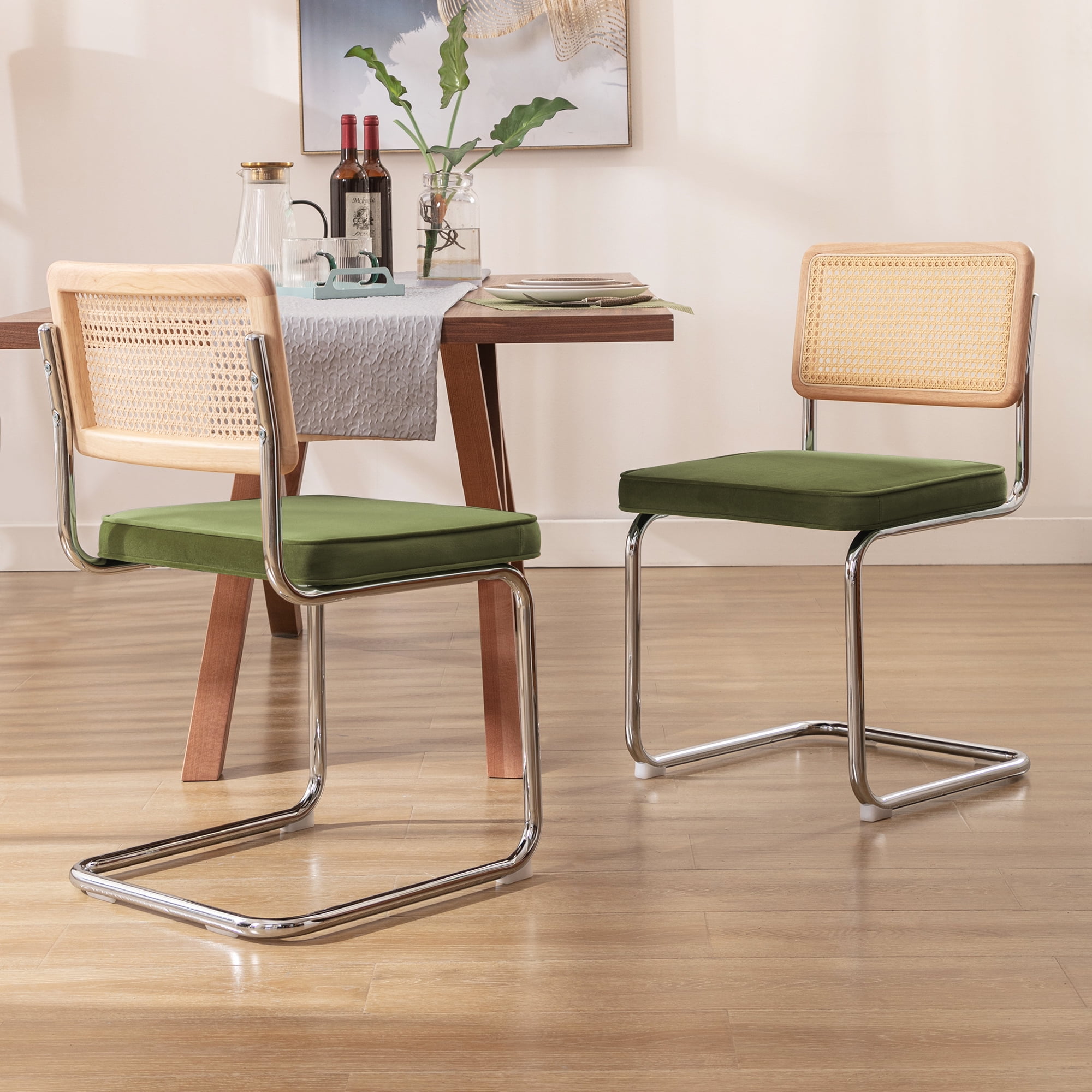 Zesthouse Rattan Dining Chairs Set of 2, Velvet Upholstered Dining Chairs with Cane Back and Chrome Legs, Mid Century Modern Kitchen Side Chairs for Dining Living Room, Green