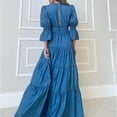 thumbnail image 4 of Women's 3/4 Sleeve Dress Puff Sleeve V Neck Empire Waist Pleated Patchwork Layered Flowy Maxi Dress Solid Elegant Dresses(S,Blue), 4 of 6