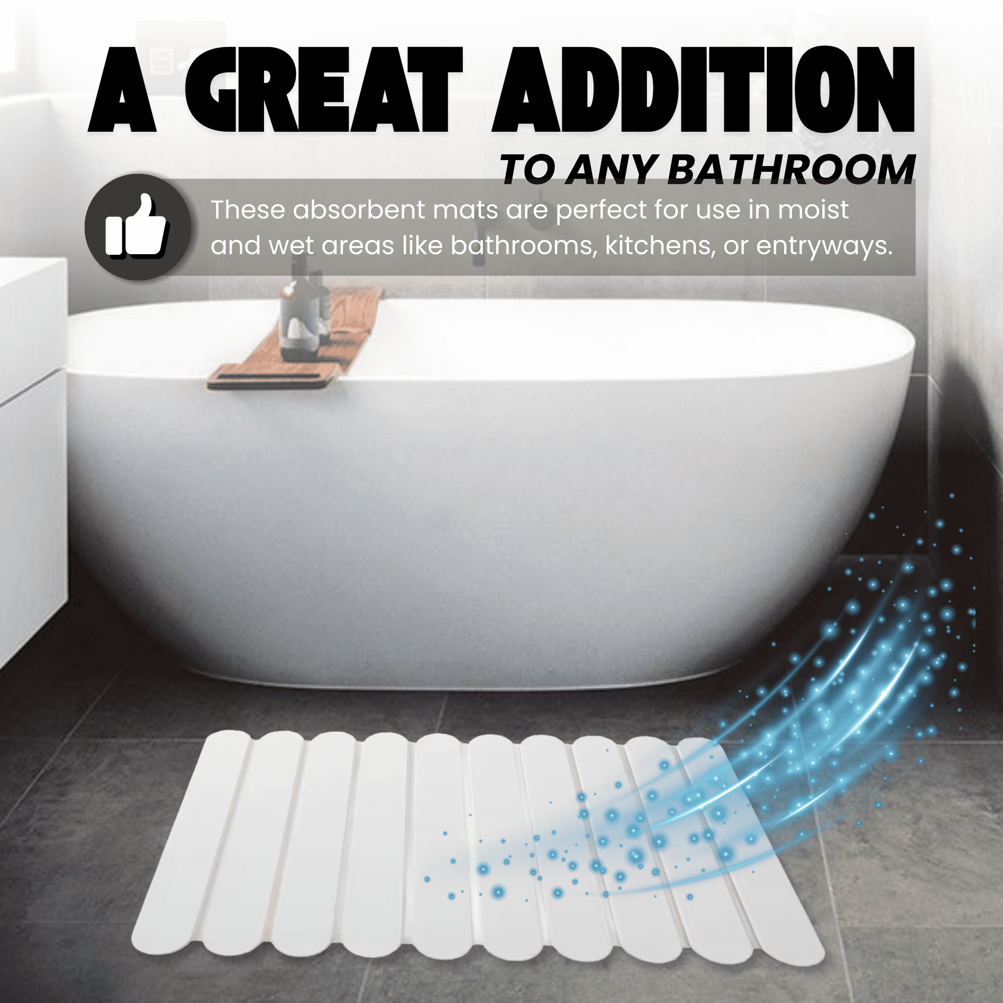 Large Stone Bath Mat 24"x16" – Foldable Quick Dry Diatomaceous Earth Shower Mat, Fast Absorbent Non-Slip Bathroom Floor Pad – White