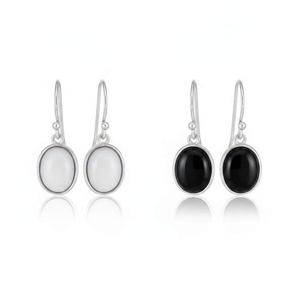 Bling Jewelry Womens Set of 2 White Agate & Black Onyx Bezel Oval Cabochon Drop Earrings Gold Plated