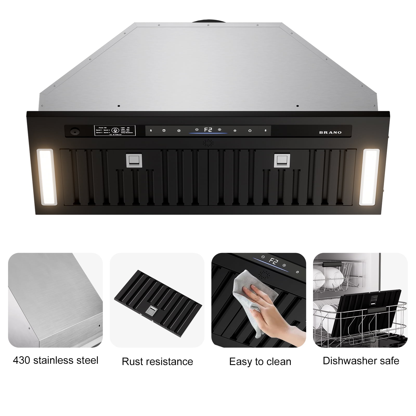 36 In. 900 CFM Insert Range Hood In Black Stainless Steel With Dishwasher Filter and LED Lights