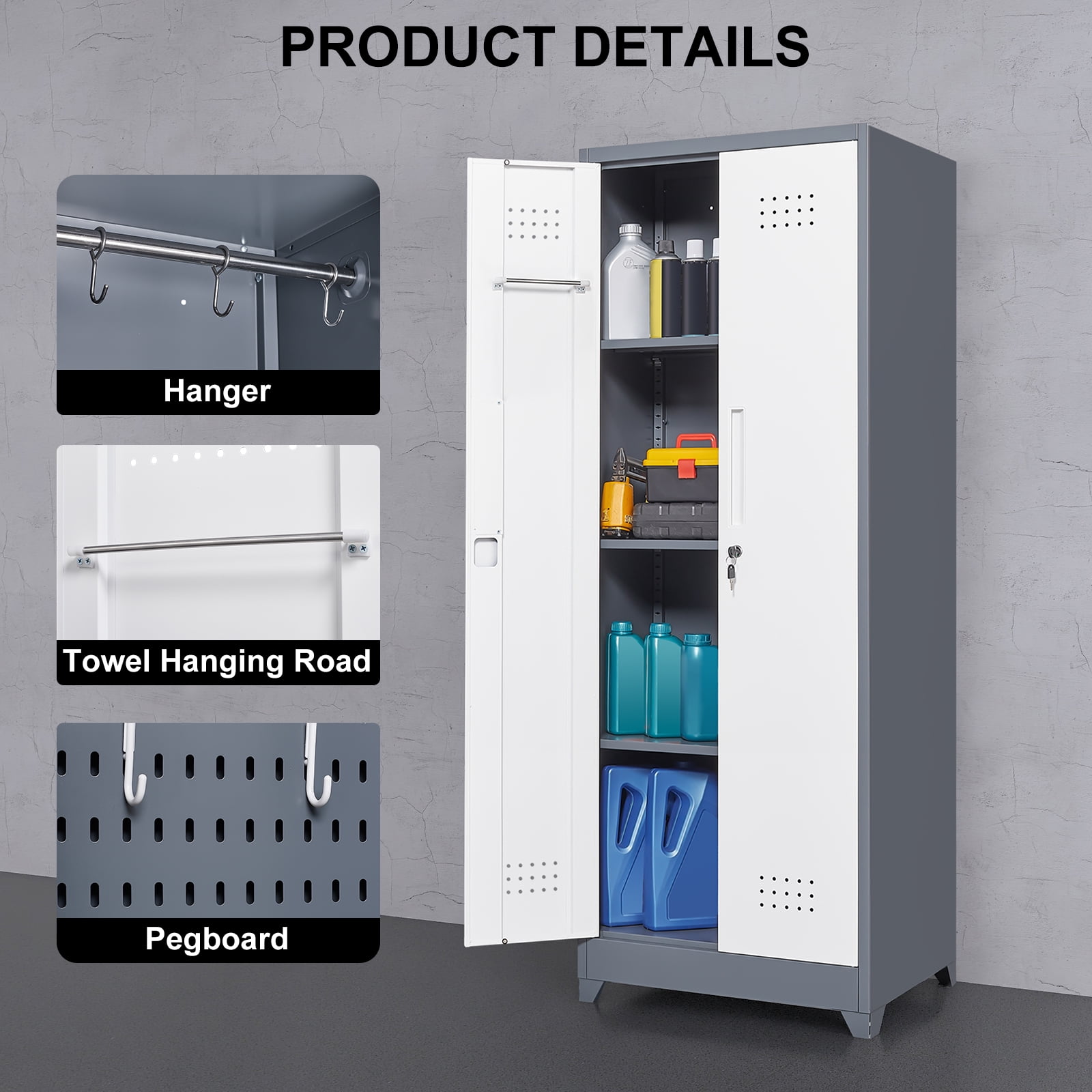 Storage Cabinet With Locking Doors And Shelves, 65" H Metal Storage Cabinet With Hanging Rod & S-Hooks, Cleaning Tool Storage Cabinet Grey