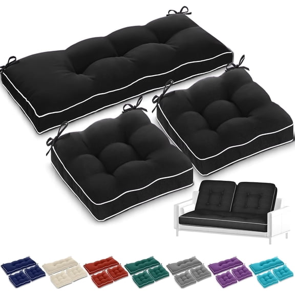 Outdoor Wicker Chair Cushions of 3 Pieces 44 x 19 x 4 Inch Waterproof Tufted Bench Cushions for Patio Furniture Fade Resistant 1 Loveseat and 2 Square Seat Pad for Swing Sofa Settee (Black)