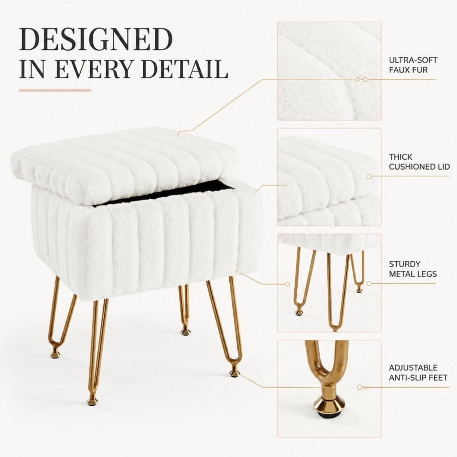 BEAUTYPEAK Vanity Stool with Storage Faux Fur Padded Makeup Ottoman with Gold Metal Legs and Adjustable Feet 18.9" Footstool, White