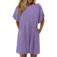 thumbnail image 1 of Vestido informal de verano de color liso para mujer - Vestido de playa holgado de manga corta y cuello redondo con bolsillos - Mezcla transpirable hasta la rodilla, 1 of 4