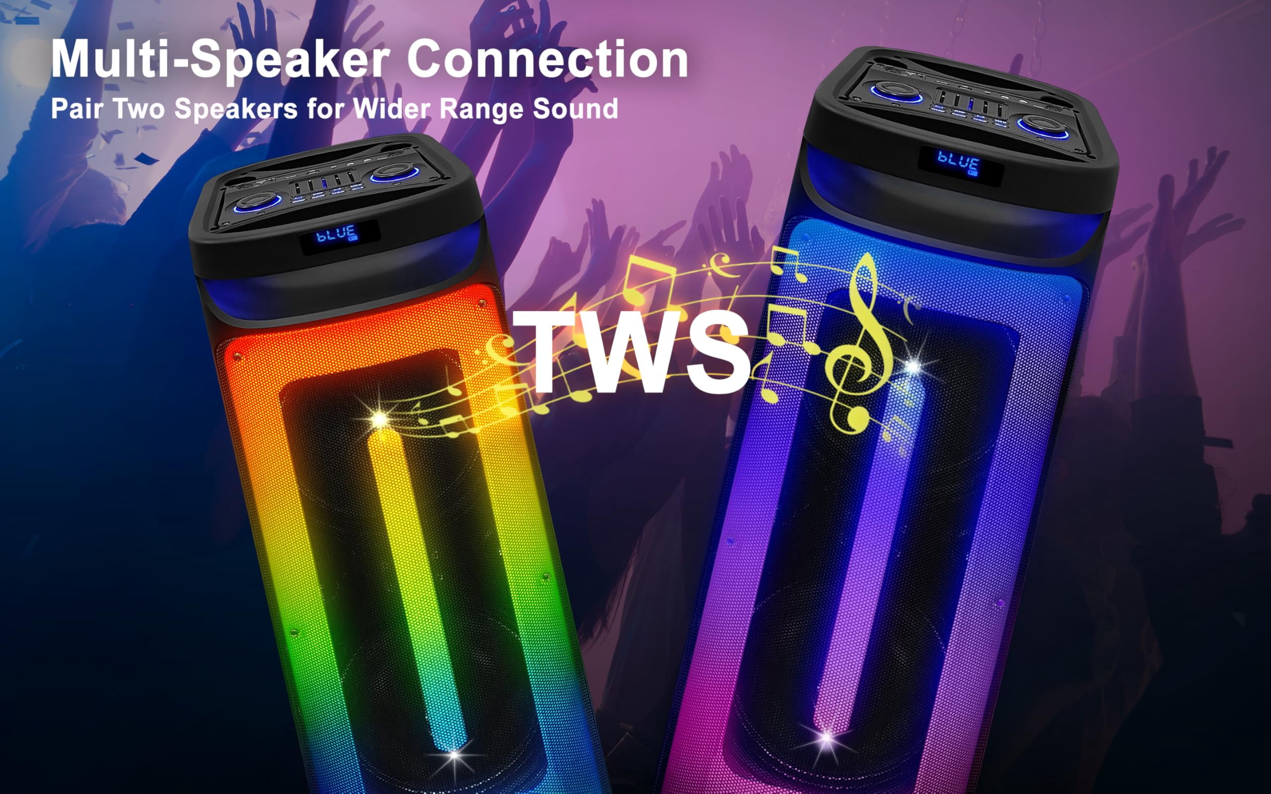 Fisher Portable Bluetooth Wireless Speaker System: Dual 10" Subwoofer 80W Peak Power Loud HD Deep Bass Sound|LED Lights|Rechargeable|Karaoke|Remote|TWS Pairing|USB Port|TF|AUX|FM Radio|2 MIC Input