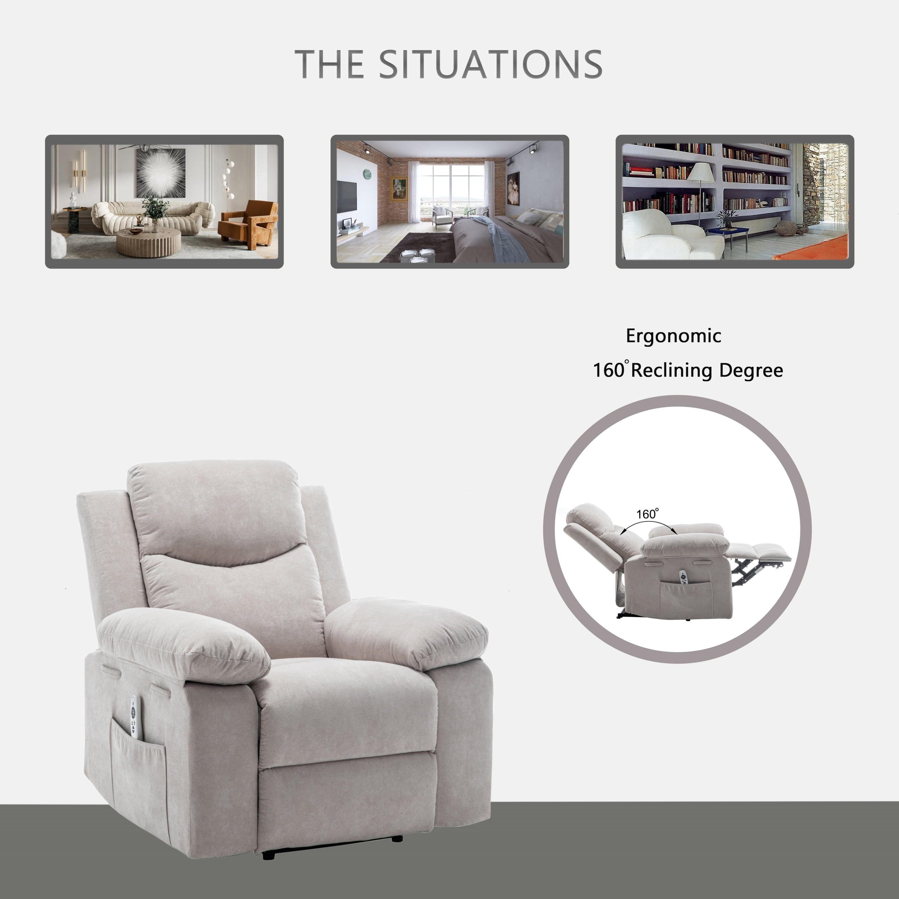 MOONMISS Velvet Adjustable Massage Function Side Pocket Power Recliner Chair with Heating System-Beige