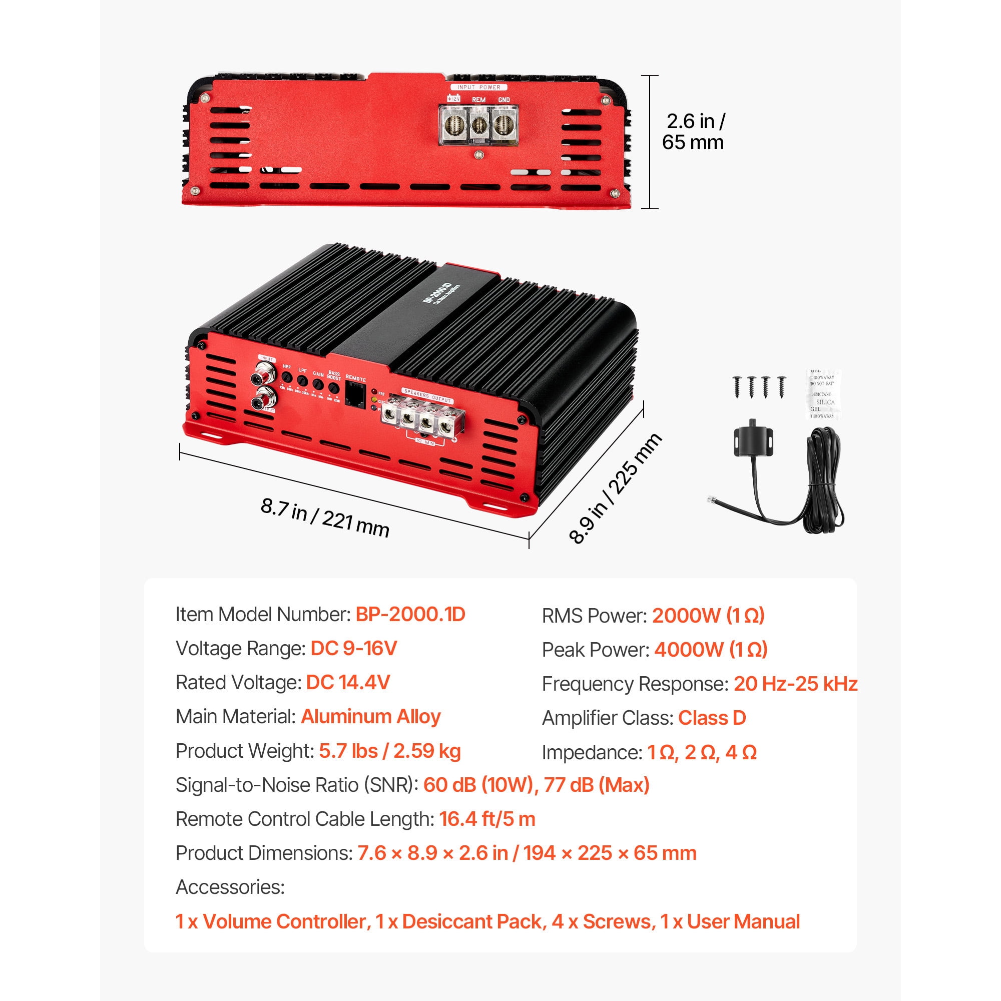 KFFKFF Monoblock Car Amplifier, 2000W RMS MAX, Stable at 1/2/4 Ohms, Single-Channel Class D Audio Amplifier with Adjustable Subwoofer Control, Low Pass Filter, Bass Enhancement, and Volume Controller