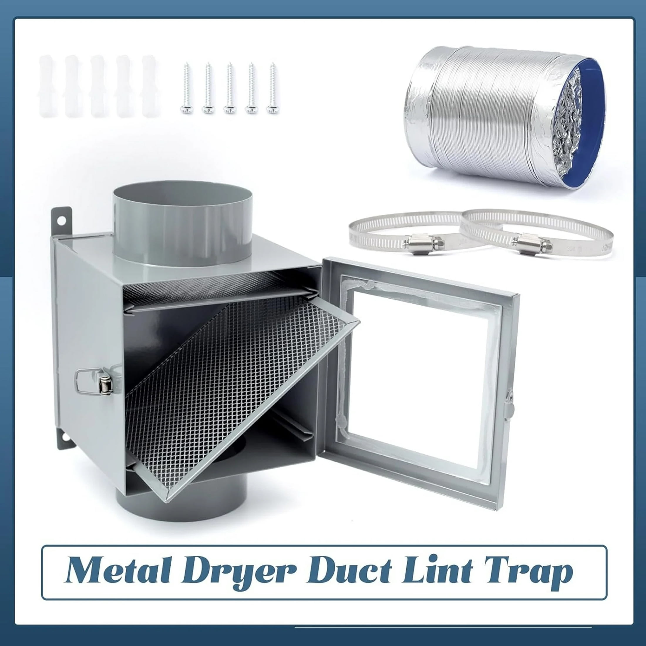 Metal Dryer Duct Lint Trap, Indoor Dryer Vent Kit Compatible with Electric Clothes Dryer with 4" 8FT Dryer Vent Hose 2 Clamps 2 Stainless Steel Mesh