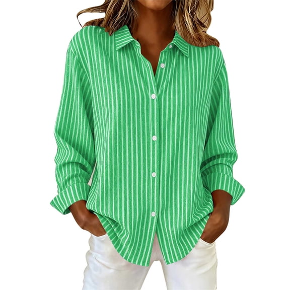 Womens Linen Tops Striped Long Sleeve Shirts for Women Button down Lapel Blouses Oversized Loose Casual Vacation Tops S